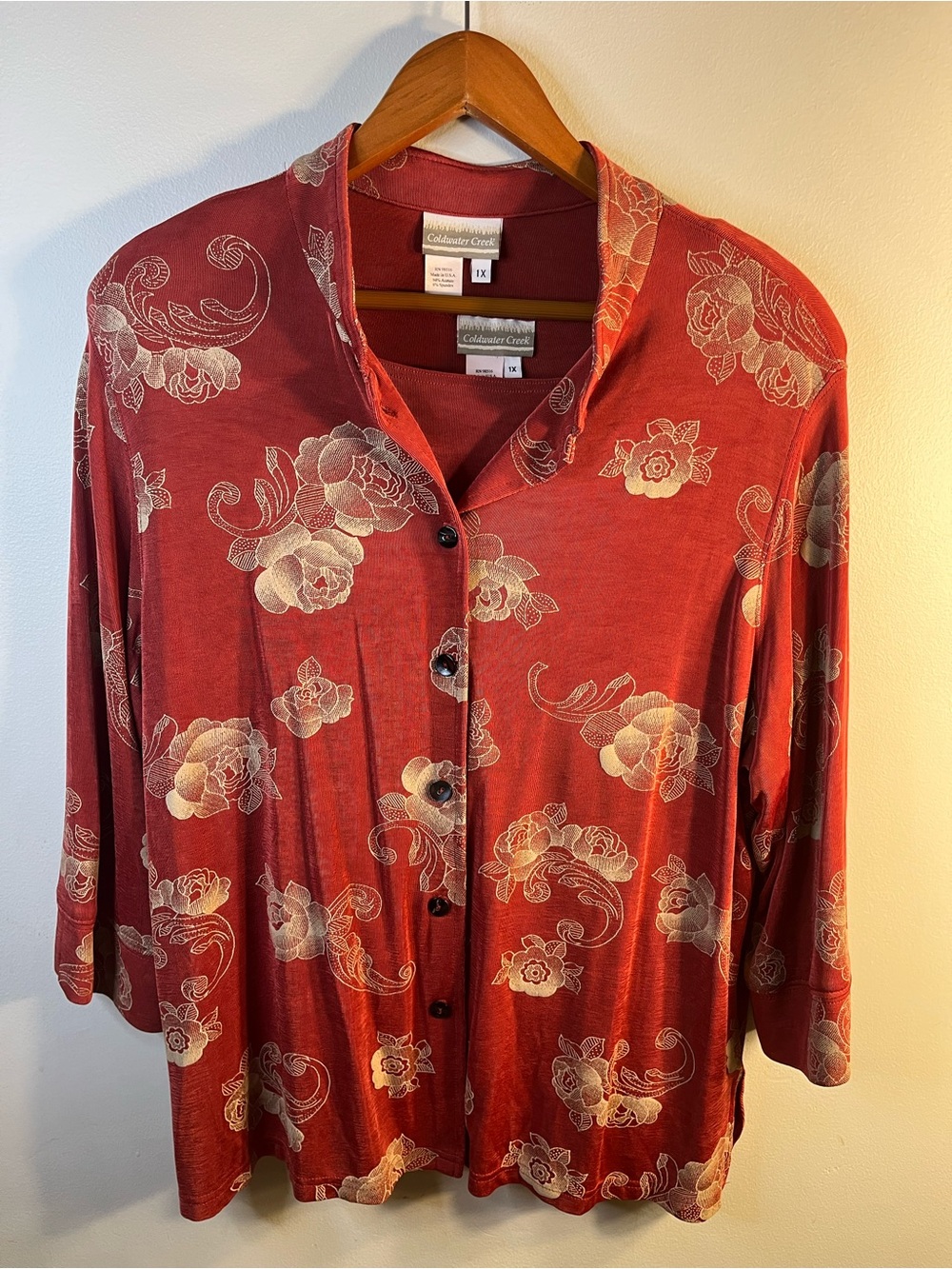 Coldwater Creek Rust Floral Button-Front Shirt 2 Piece Set Vintage Women’s 1X